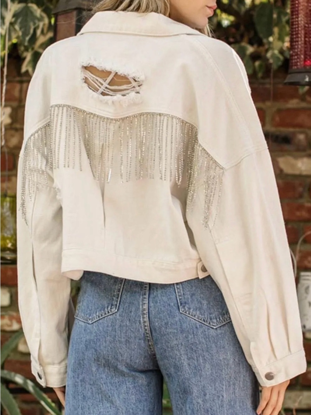 ✨ NWT POL Clothing Rhinestone Fringe Distressed Denim Jacket ✨
